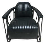 Stylish Belon Black armchair made from top-grain leather, featuring vintage metal sides and high-density foam for comfort.