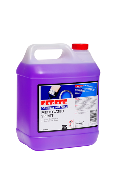 Andrew Methylated Spirits 4L, a versatile cleaner and fuel for camping, effective for removing inks and oils from various surfaces.