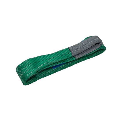 Bullivants Flat Webb Sling in green, 1.5m length, 2T capacity, with formed eyes for secure lifting and test certificate included.