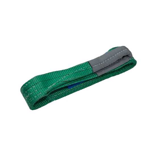 Bullivants Flat Webb Sling in green, 1.5m length, 2T capacity, with formed eyes for secure lifting and test certificate included.