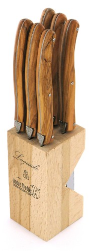 Elegant Verdier 6 Piece Knife Block Set in olive wood and stainless steel, featuring the iconic Laguiole Bee on the handles.