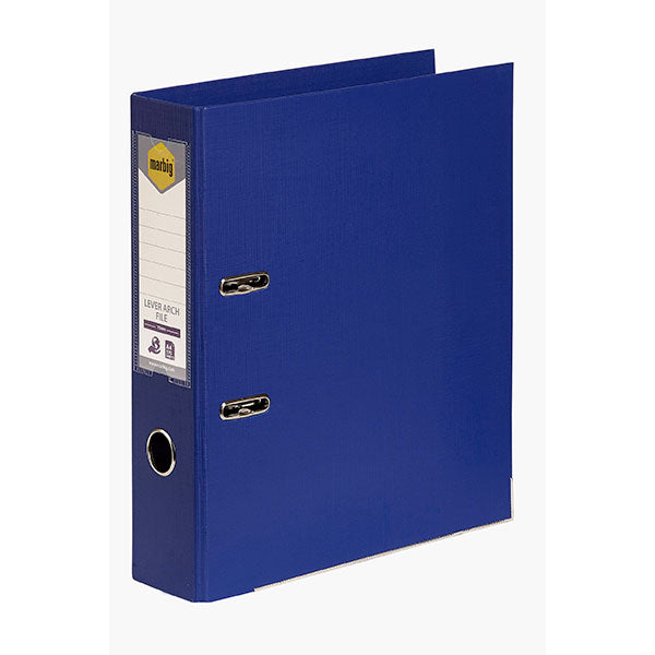 Marbig PE Lever Arch A4 Blue file, eco-friendly with 75mm capacity, holds 375 sheets, features locking mechanism and linen finish.