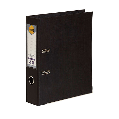 Marbig PE Lever Arch A4 in black, 75mm capacity, eco-friendly, locks securely, holds 375 sheets, stylish and durable.