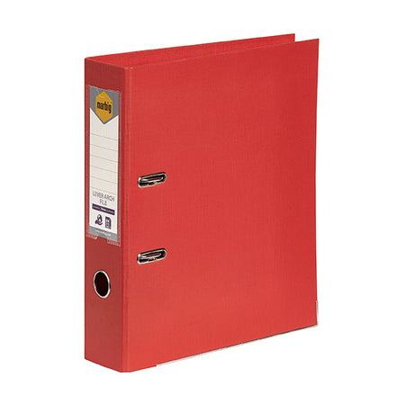 Bright red Marbig PE lever arch file, eco-friendly, 75mm capacity for 375 A4 sheets, locking mechanism, stylish linen finish.