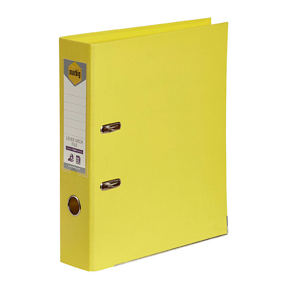 Bright lemon-colored Marbig PE Lever Arch A4 file with 75mm capacity, perfect for organized and stylish document storage.