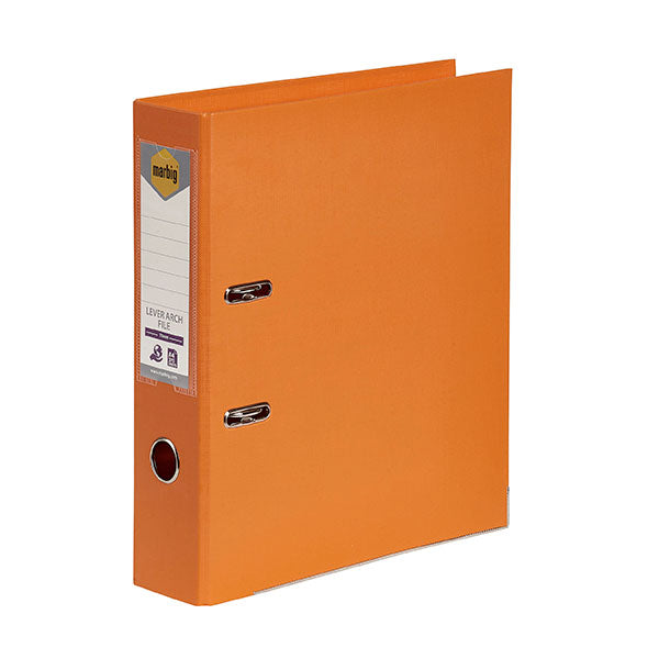 Bright orange Marbig PE lever arch file for A4, with 75mm capacity, locking mechanism, and elegant linen finish.