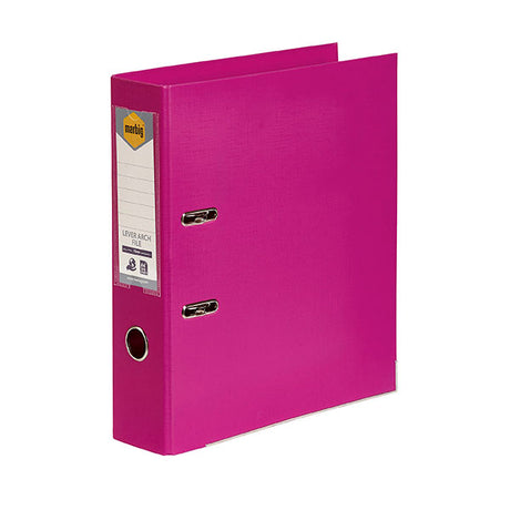 Pink Marbig Pe Lever Arch file, linen finish, 75mm capacity for 375 A4 sheets, eco-friendly and stylish office organization.