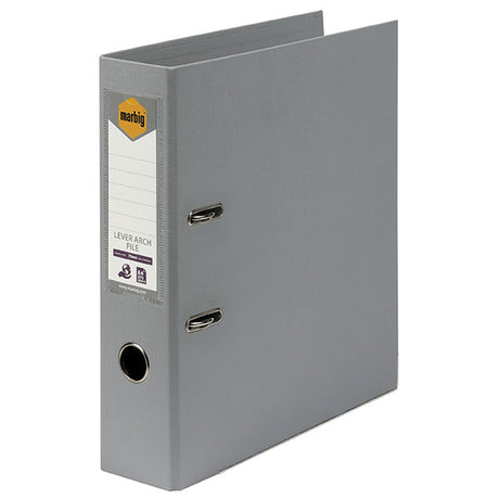 Pack of 10 eco-friendly Marbig PE lever arch files in grey, designed for organizing A4 documents with a 75mm spine.