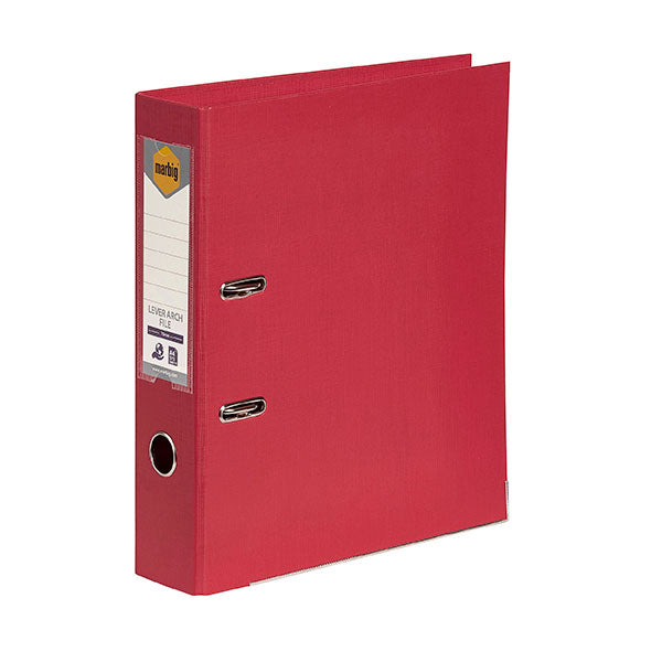 Deep red lever arch file with 75mm capacity, locking mechanism, and linen texture for stylish organization of A4 documents.