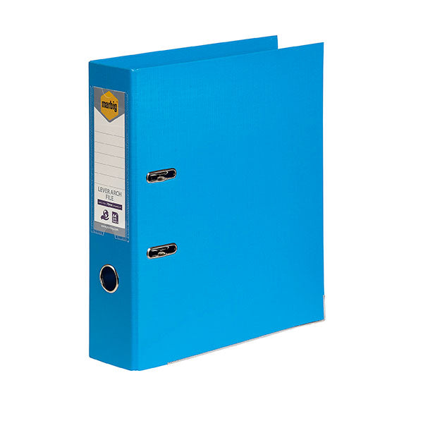 Sky blue Marbig PE lever arch file, featuring a 75mm capacity and secure locking mechanism, perfect for organizing documents.