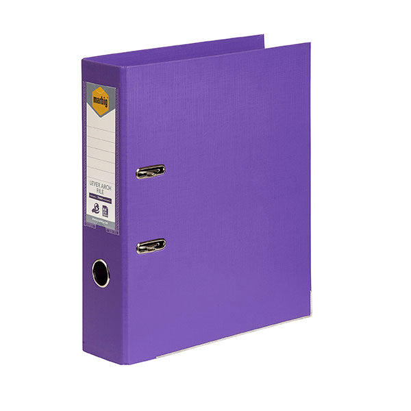 Marbig PE Lever Arch A4 in vibrant purple, holds 375 sheets, eco-friendly with a linen finish and locking mechanism.