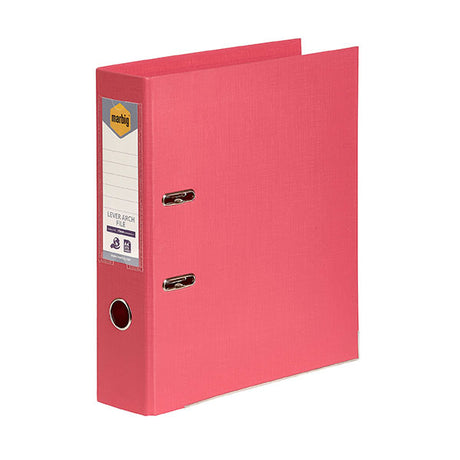 Vibrant coral lever arch file with 75mm capacity, securely holds 375 sheets and features a linen finish for stylish organization.