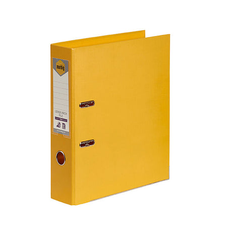 Bright yellow Marbig PE Lever Arch A4 file with a 75mm capacity, eco-friendly materials, and a linen finish for elegant organization.