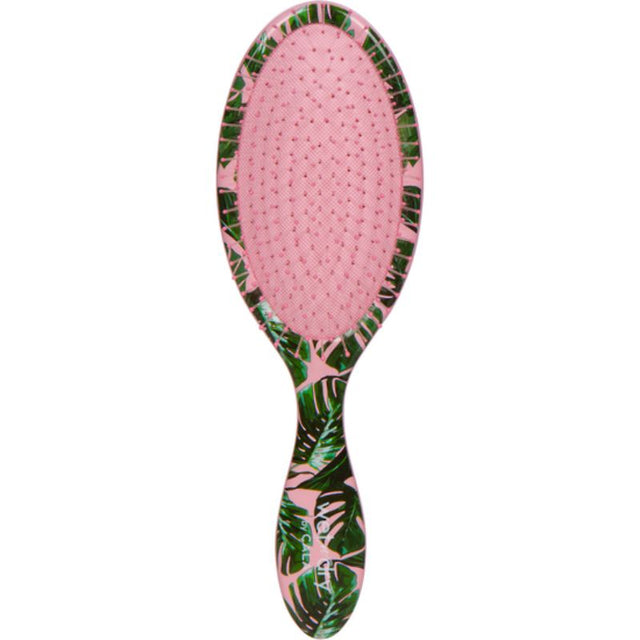 Tropical palm detangling hair brush with flexible bristles for wet or dry hair, minimizing snagging and enhancing shine.