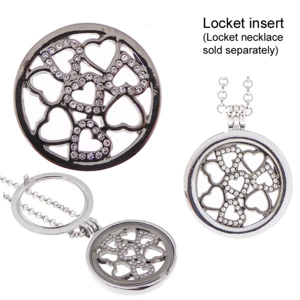 Heart-shaped locket insert in gunmetal plating, adorned with diamantes, measuring 31mm for personalized jewelry.