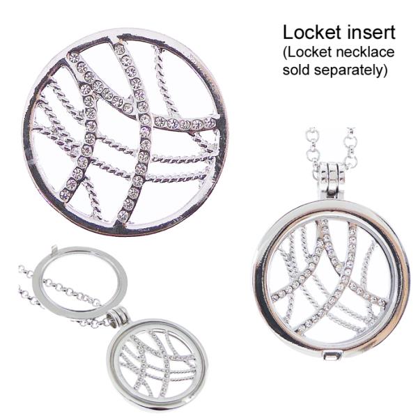 Elegant locket insert with rhodium plating and sparkling diamantes, perfect for personalizing your jewelry collection.