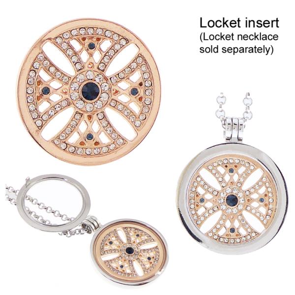 Rose gold locket insert featuring a Maltese Cross design with clear and blue diamante stones, 31mm in diameter.
