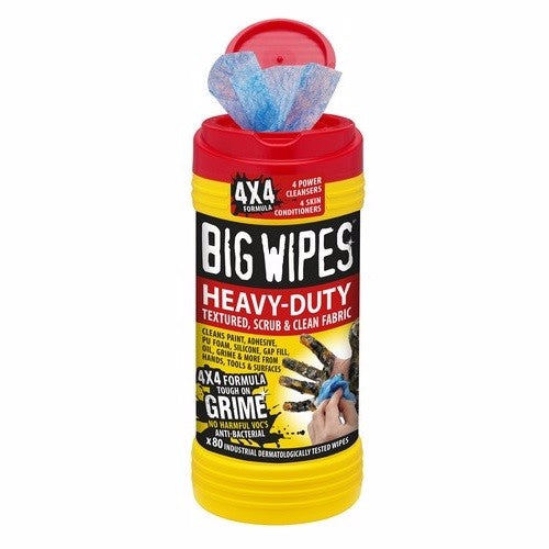 Big Wipes Heavy Duty tub with 80 multi-purpose wipes, featuring dual-sided design for tough cleaning and antibacterial protection.