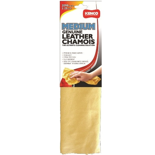 Genuine Kenco Leather Chamois: premium oil-tanned, thick, absorbent for streak-free cleaning of windows and mirrors.