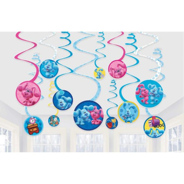 Vibrant Blue's Clues spiral swirls decorations in a set of 12, perfect for festive children's parties and playful decor.