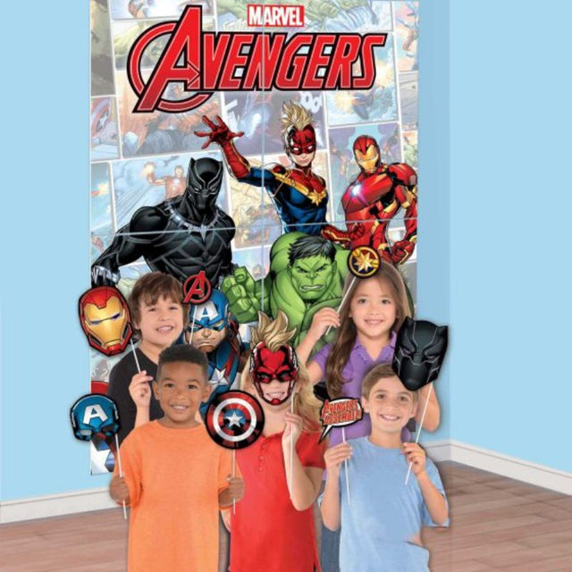 Vibrant set of 16 Marvel Avengers scene setters and photo props for superhero-themed celebrations and memorable photo ops.