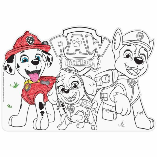 Fun Paw Patrol color-in placemats set of 8, ideal for creative meals and enhancing children's fine motor skills.