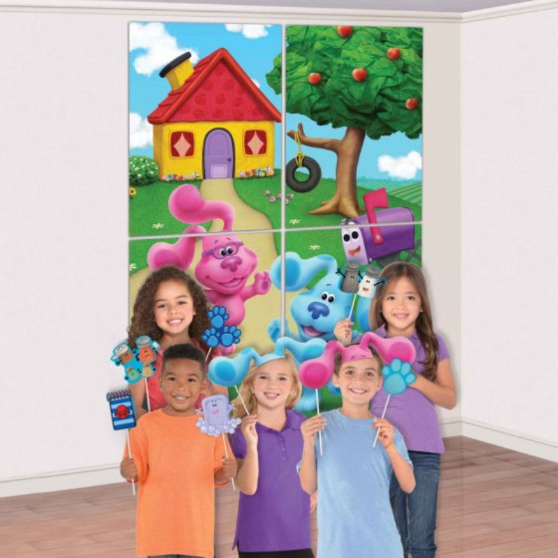 Colorful Blue's Clues photo backdrop set featuring 4 large scene setters and 12 fun character props for birthday celebrations.