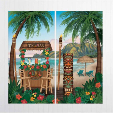 Vintage Tiki Scene Setter set of 2 features vibrant tiki motifs for tropical-themed parties, measuring 82cm x 165cm each.