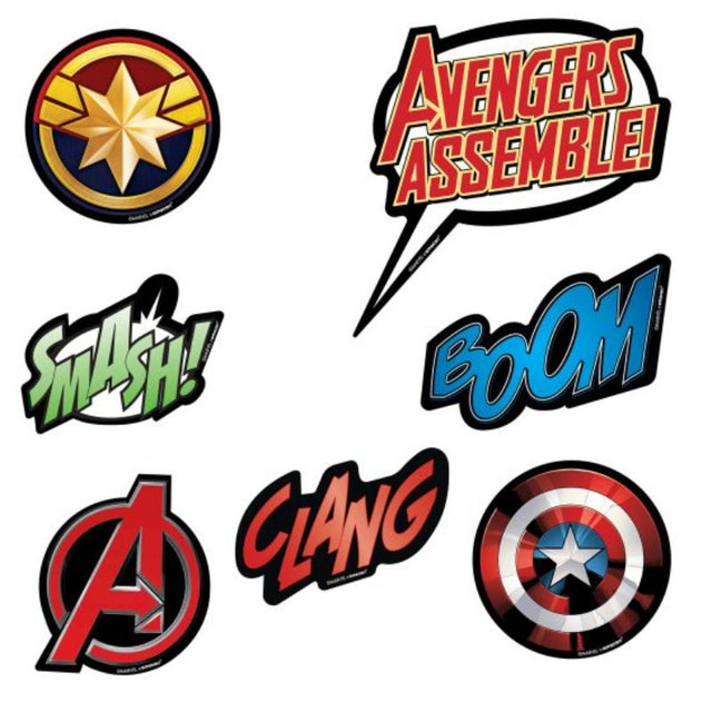 Colorful Marvel Avengers vinyl cutouts featuring iconic superheroes, perfect for vibrant room decor and themed parties.