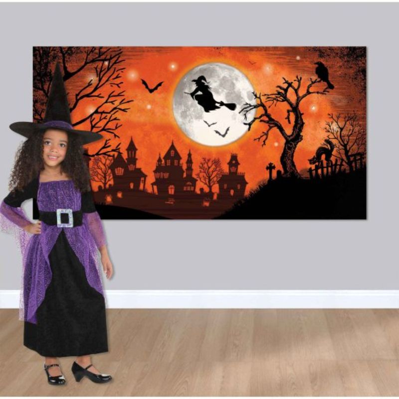 Halloween Classic Orange & Black Witch Scene Setter featuring witch motifs, perfect for spooky indoor and outdoor decorations.