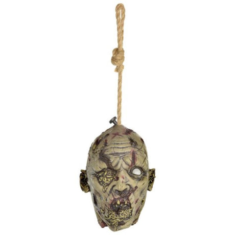 Eerie 28cm hanging head decoration with creepy crawlies, perfect for Halloween displays and haunted house themes.