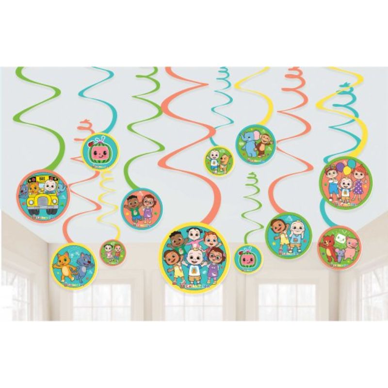 Colorful Cocomelon spiral decorations set of 12 with fun cutouts, perfect for children's parties and themed events.