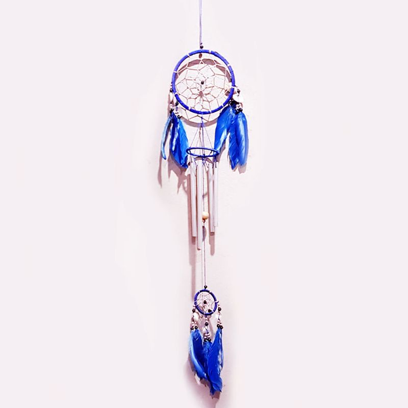 Dreamcatcher Windchime in blue with two hoops, shells, feathers, and five pipes, bringing tranquil beauty to any space.