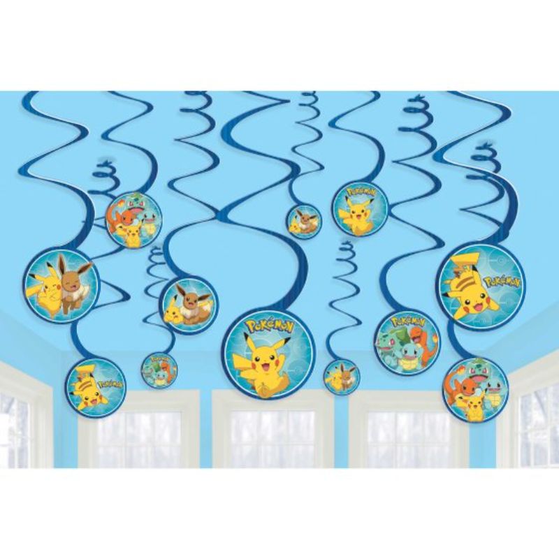 Vibrant set of 12 spiral decorations featuring favorite Pokemon characters, perfect for themed parties and celebrations.