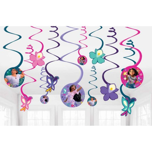 Colorful Encanto spiral swirls hanging decorations set of 12, perfect for festive celebrations and themed parties.