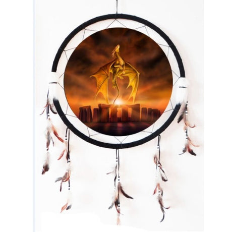 Enchanting 62cm round dreamcatcher featuring Solstice dragon design, black velvet, faux fur, and tonal feathers.