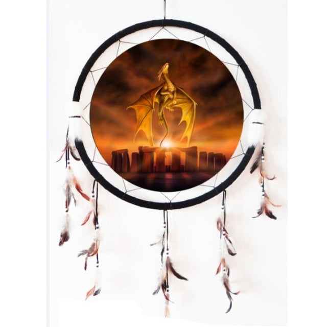 Enchanting 62cm round dreamcatcher featuring Solstice dragon design, black velvet, faux fur, and tonal feathers.