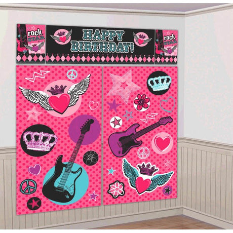 Vibrant Rocker Girl Decorating Kit featuring five plastic wall decorations for rock-themed parties and photo backdrops.