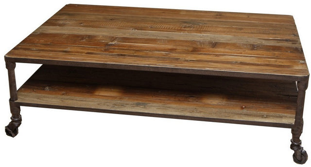 Modern industrial coffee table with recycled fir wood and metal, featuring a two-level design for style and storage.