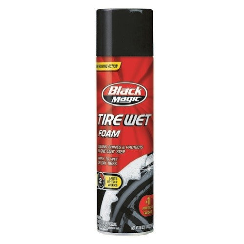 BLACK MAGIC Tire Wet Foam 510gr enhances tire appearance with a self-healing formula for a long-lasting, shiny finish.