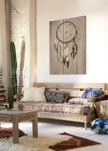 Tribal-inspired wood panel art featuring intricate details, ideal for enhancing modern or rustic interiors. Size: 650x925x32 mm.