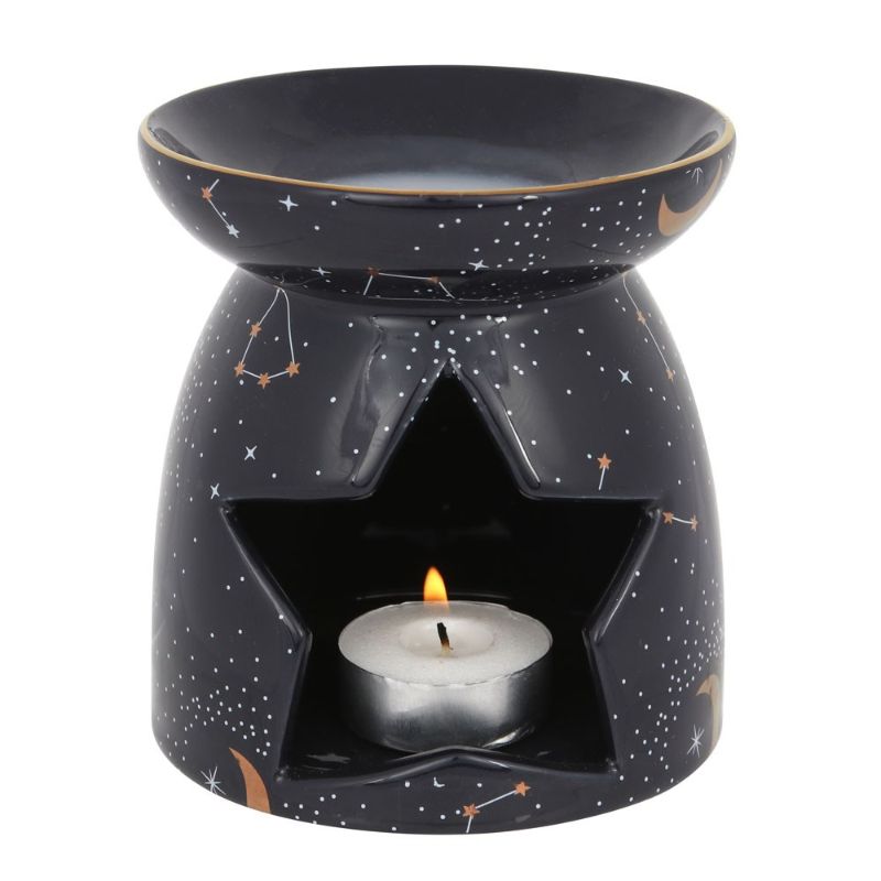 Purple Constellation Oil Burner featuring a celestial design, gold moons, and a star cut-out for enchanting ambiance.