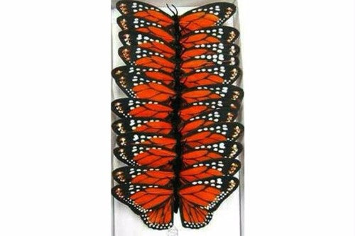 Pack of 12 vibrant Monarch Orange Butterflies with feather bodies and bendable wire, perfect for decorative projects and events.