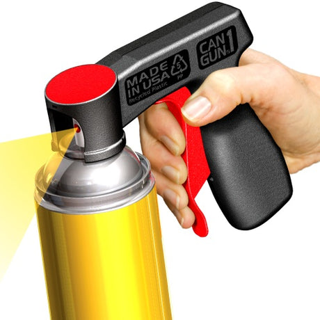 A ergonomic trigger handle for aerosol spray cans, designed for comfort, control, and reduced hand fatigue.