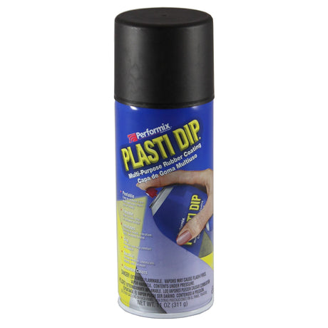 Performix Plastic Dip in BLACK aerosol can, showcasing its multi-purpose rubber coating for durable, flexible DIY projects.