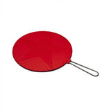 Red splatter guard with stainless steel wire handle, preventing mess while cooking and adding style to your kitchen.