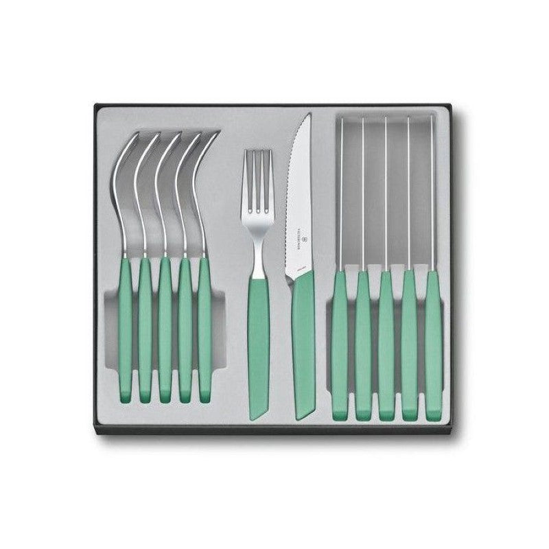 Ergonomic 12-piece steak set with modern handles and ultra-sharp, serrated stainless steel knives in an elegant storage box.