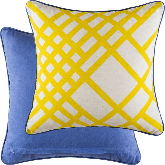 Geometric yellow and cobalt outdoor cushion by KAS, durable and stylish for entertaining or lounging.