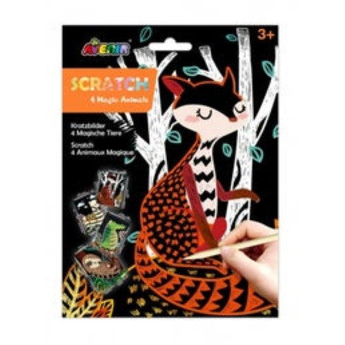 Colorful scratch art kit with animal designs, includes 4 sheets and a stick for creative play and fine motor skill development.