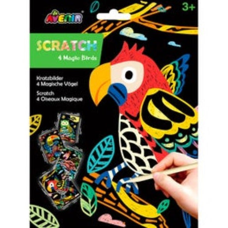 Colorful Scratch Art kit featuring bird designs, 4 sheets and stick for creative fun, perfect for kids aged 3 and up.